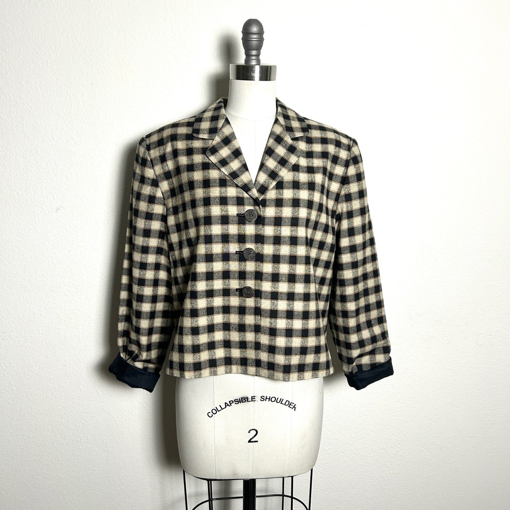 Doncaster Tan Black Silk Check Cropped Blazer Jacket Academia Women 8 Vintage